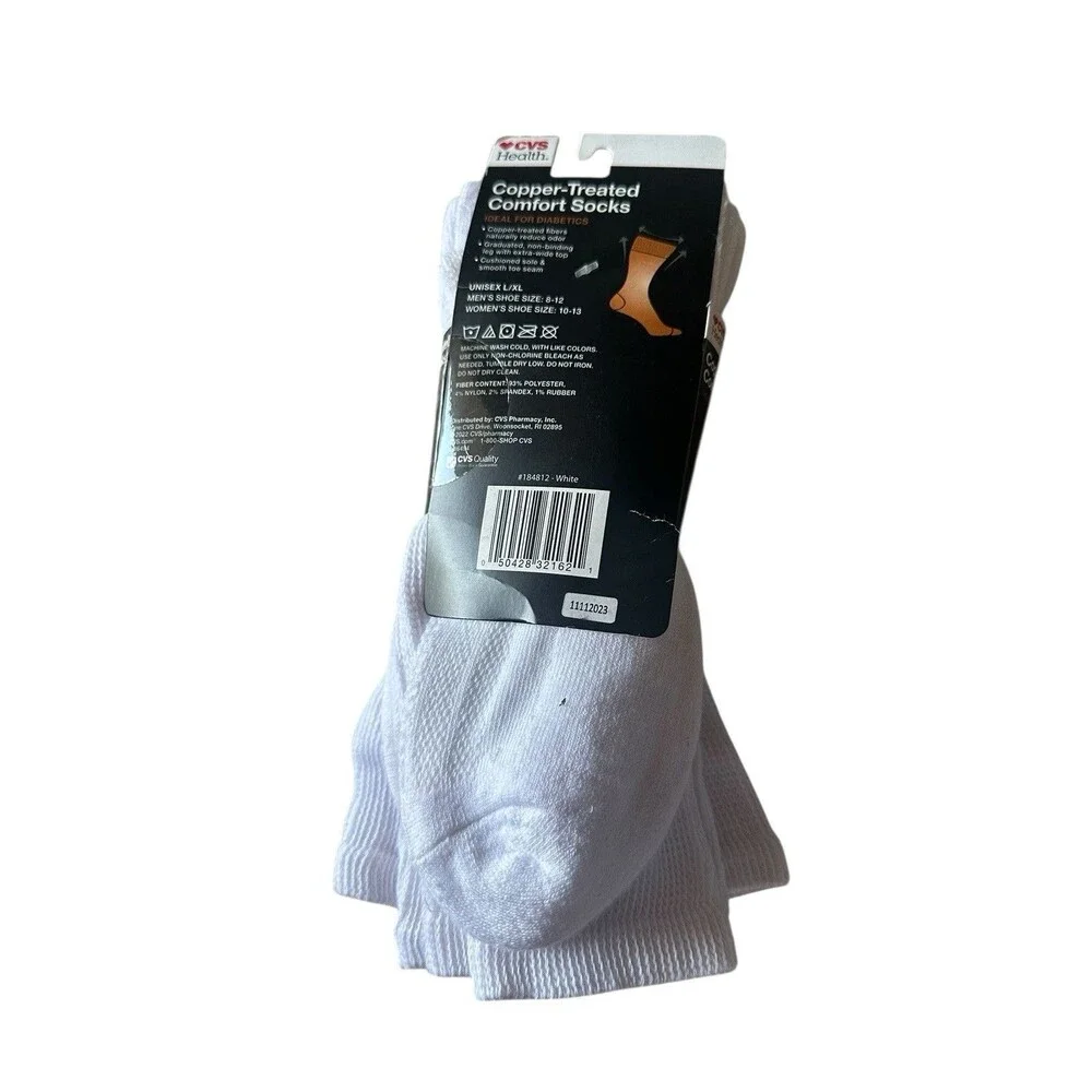3 Pairs CVS Health Copper Treated Comfort Socks Unisex L/XL Adult White Crew